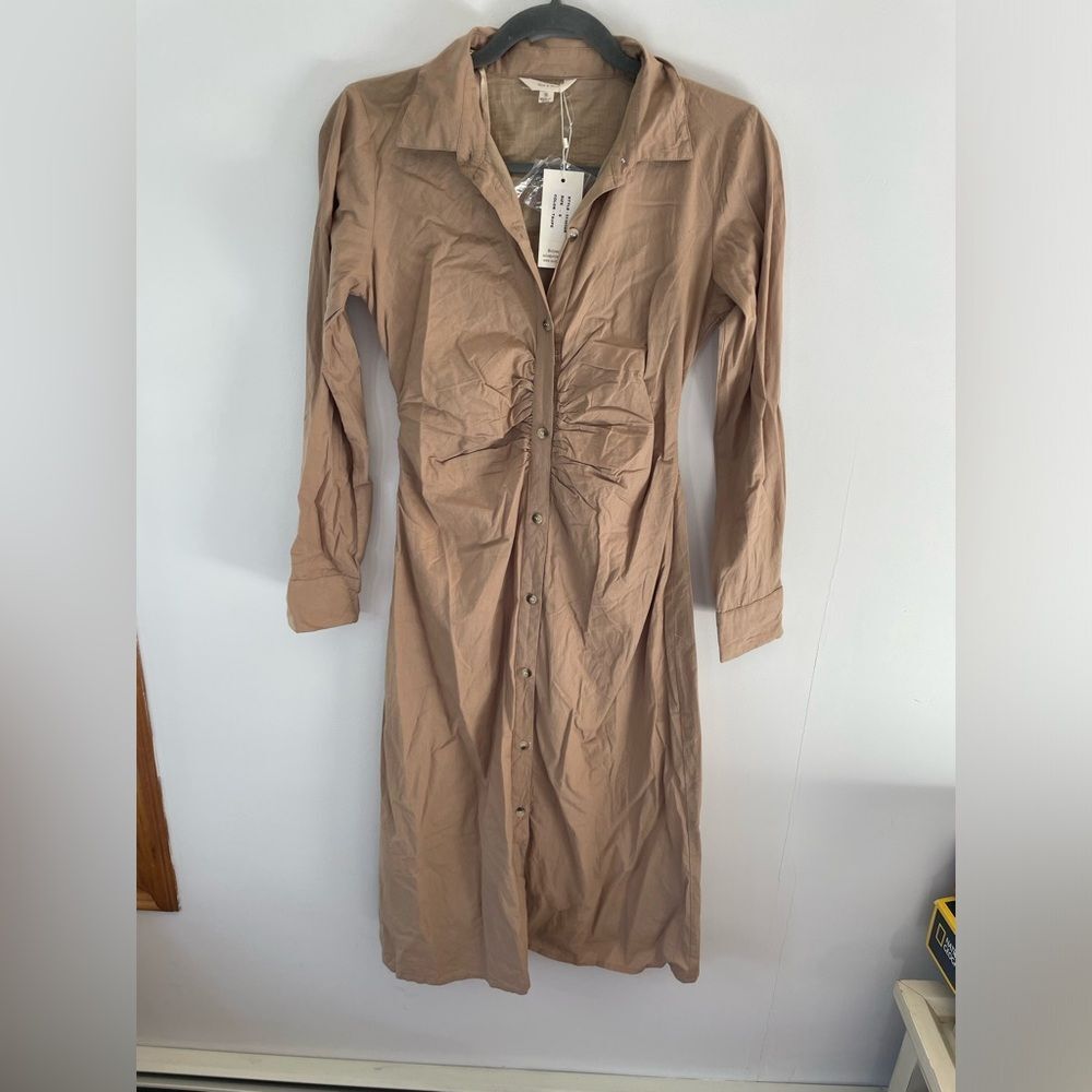 SIM & SAM Button Front Shirt Dress small Cotton taupe Midi Ruched Long Sleeve
